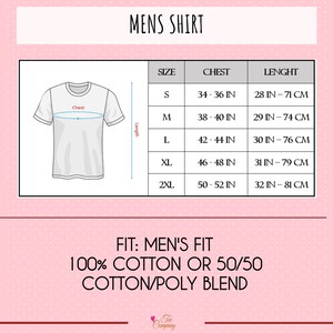 May include: A size chart for a men's shirt with measurements in inches and centimeters. The chart shows the size, chest measurement, and length of the shirt. The shirt is available in sizes S, M, L, XL, and 2XL. The shirt is made of 100% cotton or a 50/50 cotton/poly blend.