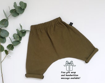 Green Baby & Toddler Harem Pant, Baby Gift, loose fitting, Soft Baby Cotton trouser, baby leggings, handmade in the UK, Kids Pant