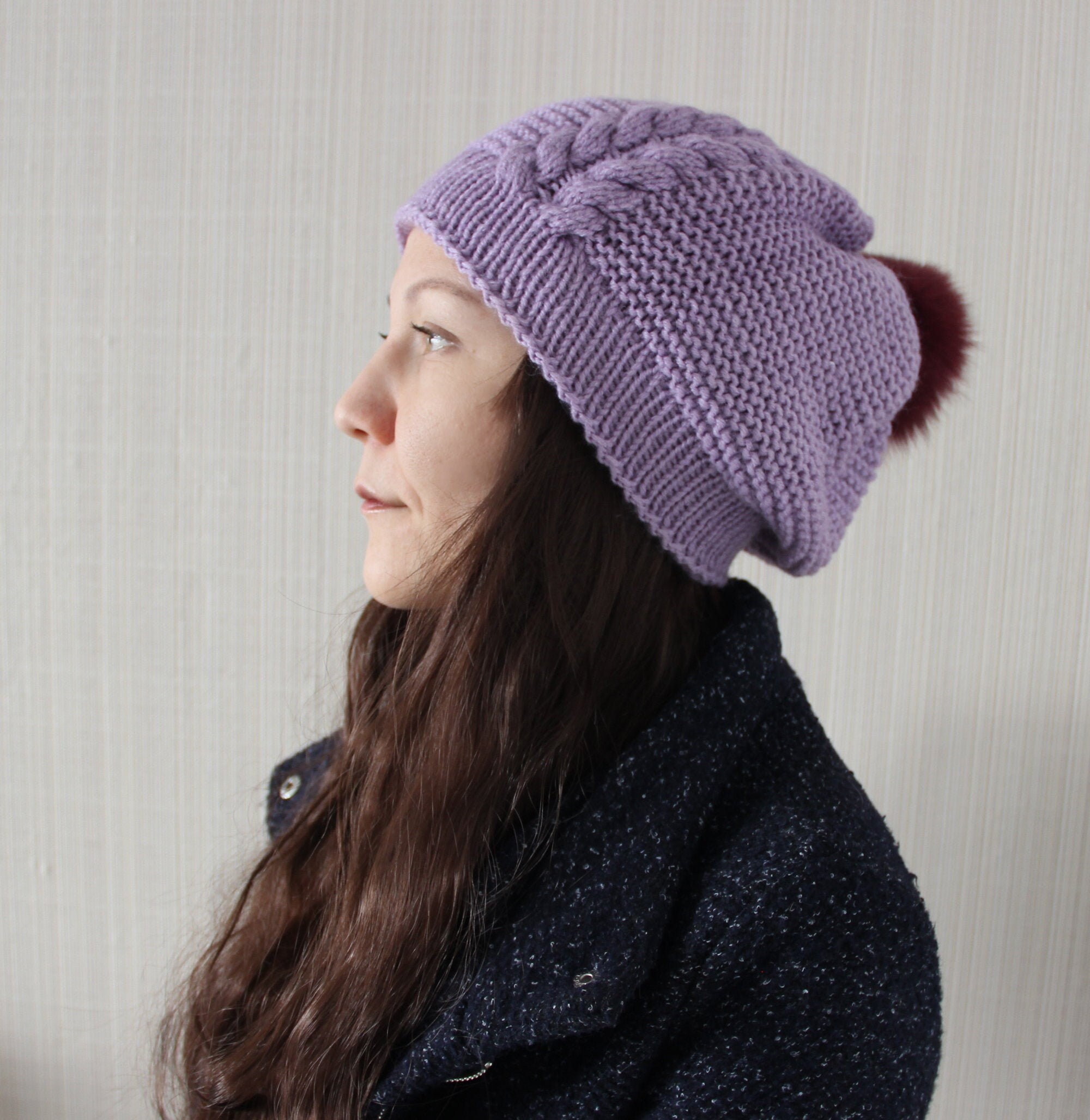 Pom Pom Beret Knitted Beret Hat Women Hand Knit Cable Hat Etsy