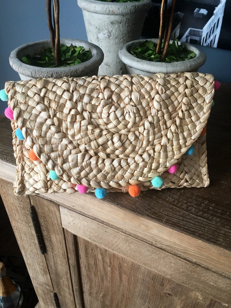 Straw Clutch Purse With Pom Poms Straw Bag Etsy