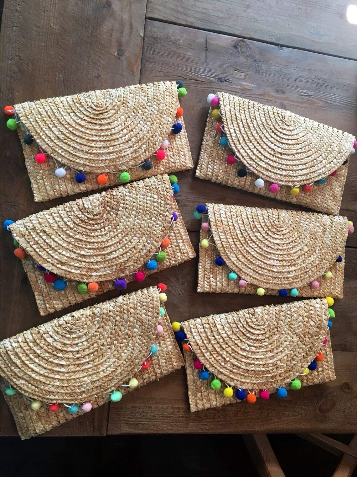 Straw Envelope Clutch With Pom Poms Etsy