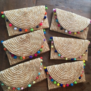 Straw Envelope Clutch with Pom Poms image 1