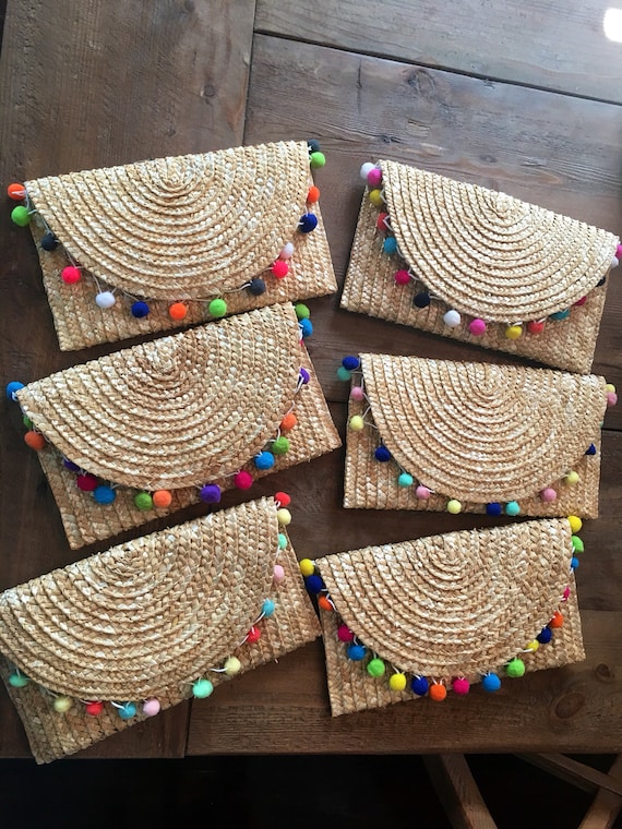 Straw clutch with pom poms clearance