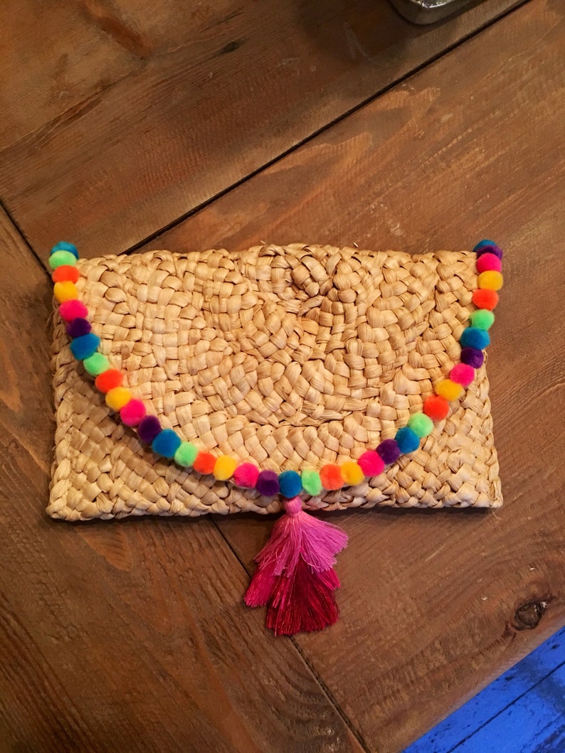 Rainbow Pom Pom and Tassel Straw Envelope Clutch/straw Clutch Etsy