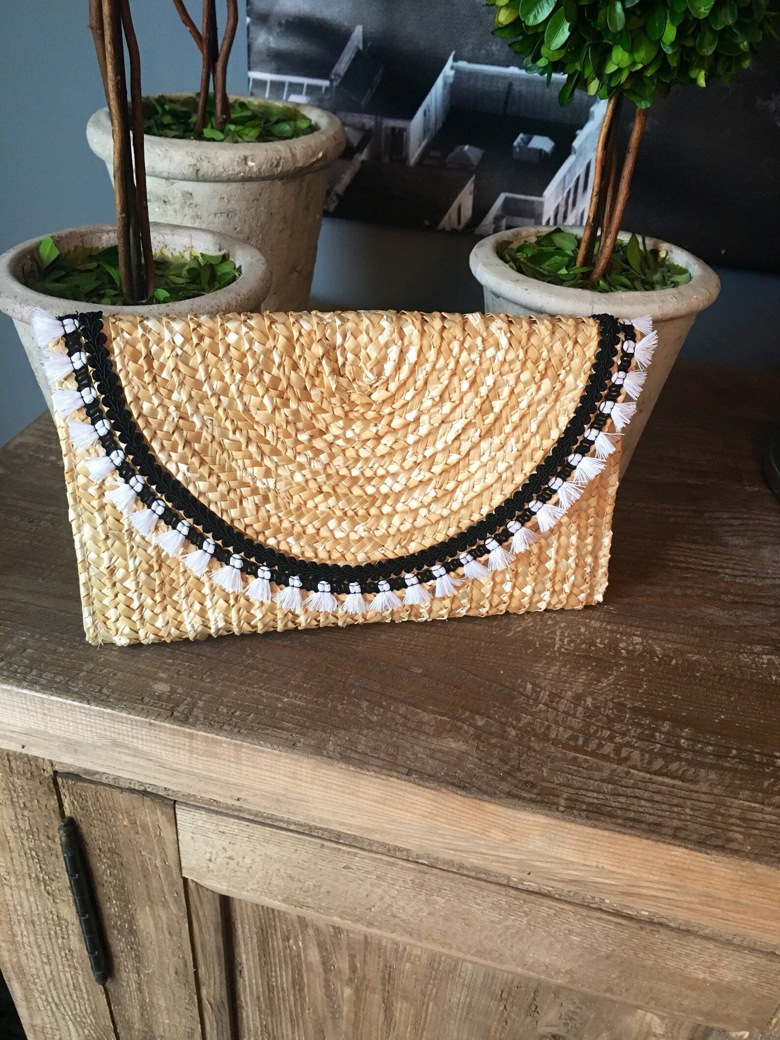 Straw Envelope Clutch Mini Tassel Fringe and Trim/black and Etsy