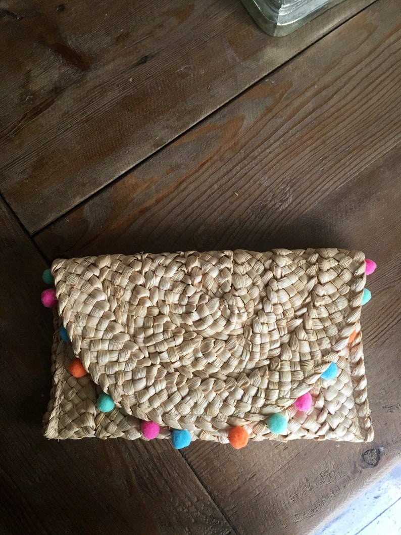 Straw Clutch Purse With Pom Poms Straw Bag Etsy