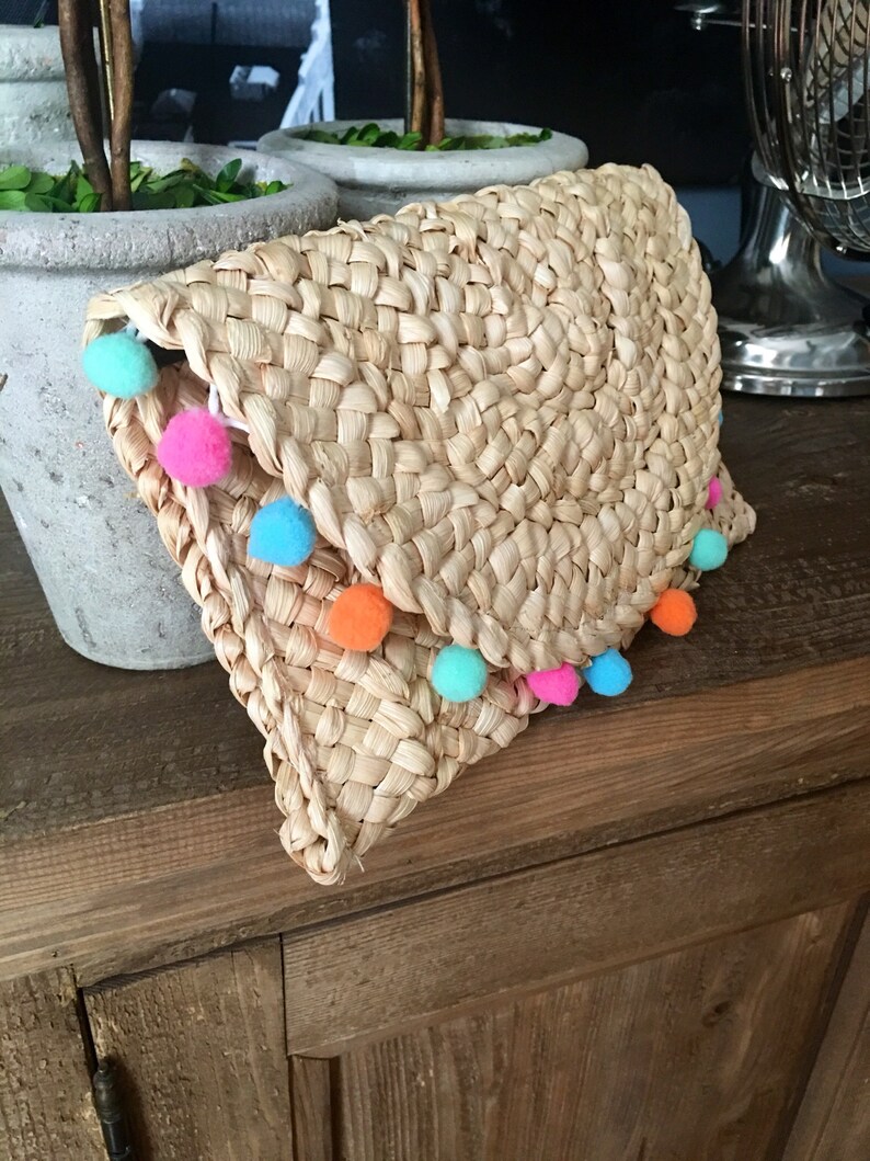 Straw Clutch Purse With Pom Poms Straw Bag Etsy