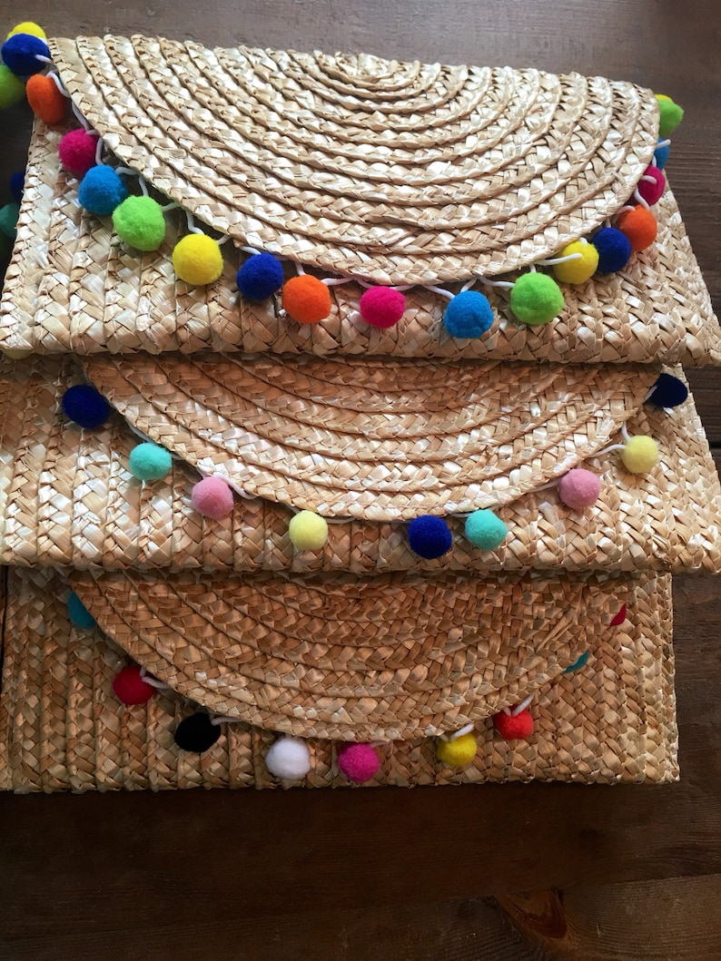 Straw Envelope Clutch With Pom Poms Etsy