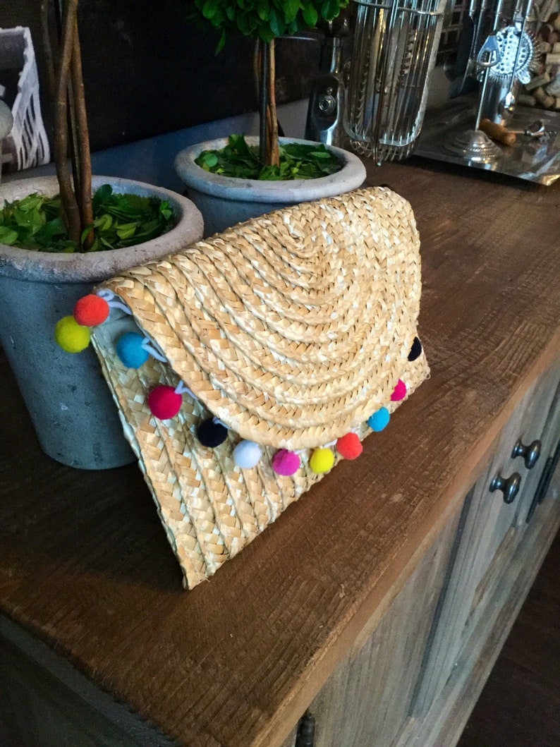 Straw Envelope Clutch With Pom Poms Etsy