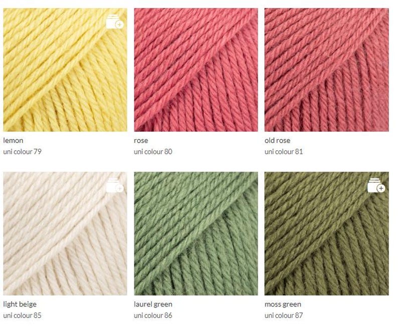 May include: Six skeins of yarn in different colors: lemon yellow, rose, old rose, light beige, laurel green, and moss green. Each skein is labeled with the color name and a corresponding uni color number.