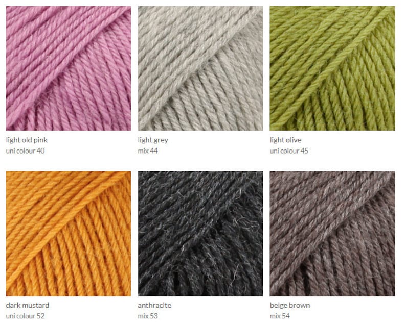 May include: Six skeins of yarn in different colors: light old pink, light grey, light olive, dark mustard, anthracite, and beige brown. The yarn is arranged in two rows of three skeins each.