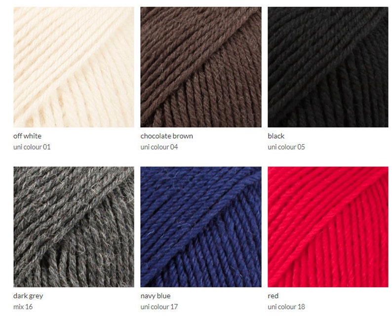 May include: Yarn samples in various colors, including off-white, chocolate brown, black, dark grey, navy blue, and red. The yarn is arranged in a grid pattern.