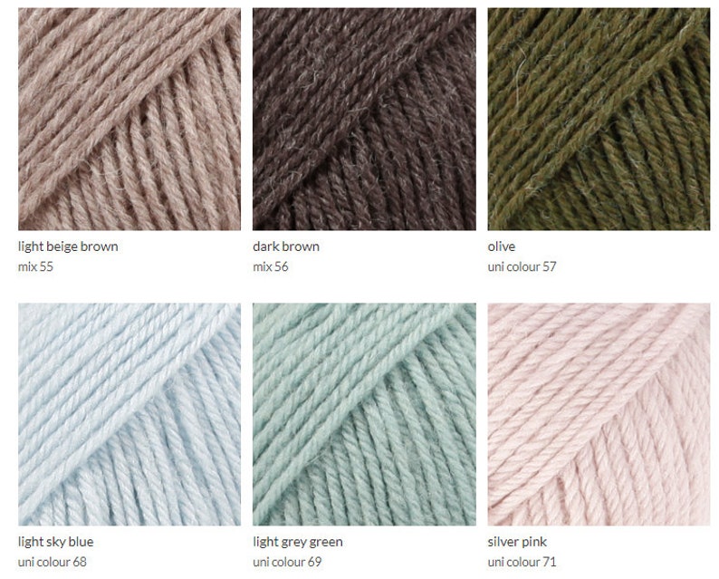 May include: Yarn balls in various colors, including light beige brown, dark brown, olive, light sky blue, light grey green, and silver pink. The yarn is arranged in a grid pattern.