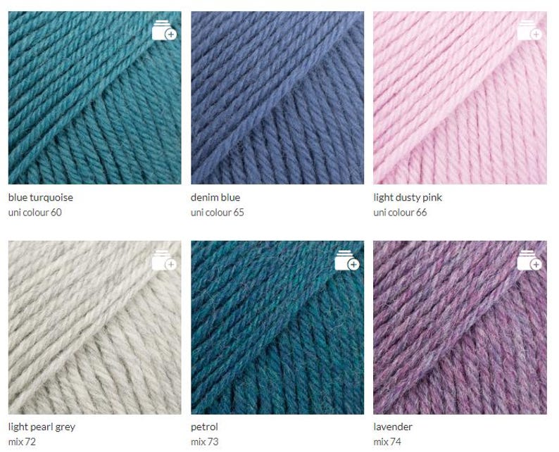 May include: Yarn samples in ten colors: blue turquoise, denim blue, light dusty pink, light pearl grey, petrol, lavender, dark grey, dark blue, light blue, and pink. The yarn is arranged in two rows of five samples each.