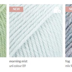 May include: Three skeins of yarn in different colors: sage green, morning mist, and fog. The yarn is labeled with the color name and a number.