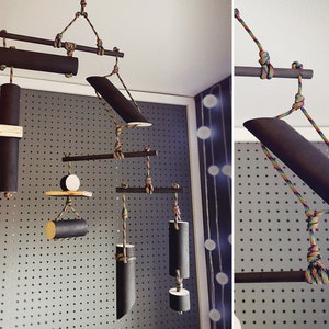 Black Wood with Black Rainbow Paracord Rope Hanging Sculptural Art Mobile by Modular Mobiles