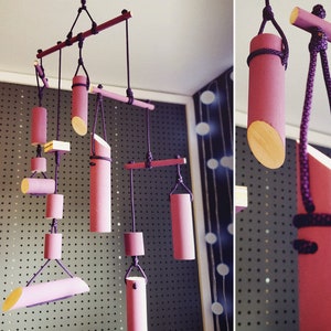 Pinkish and Natural Wood with Purple Acid Paracord Rope Hanging Sculptural Art Mobile by Modular Mobiles