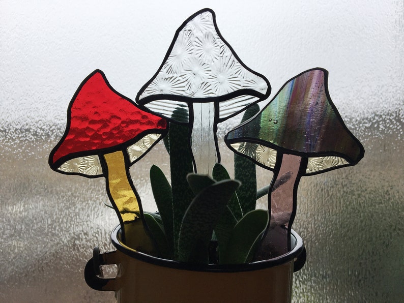 Mushroom Planter Pal stained glass plant stake or suncatcher image 1