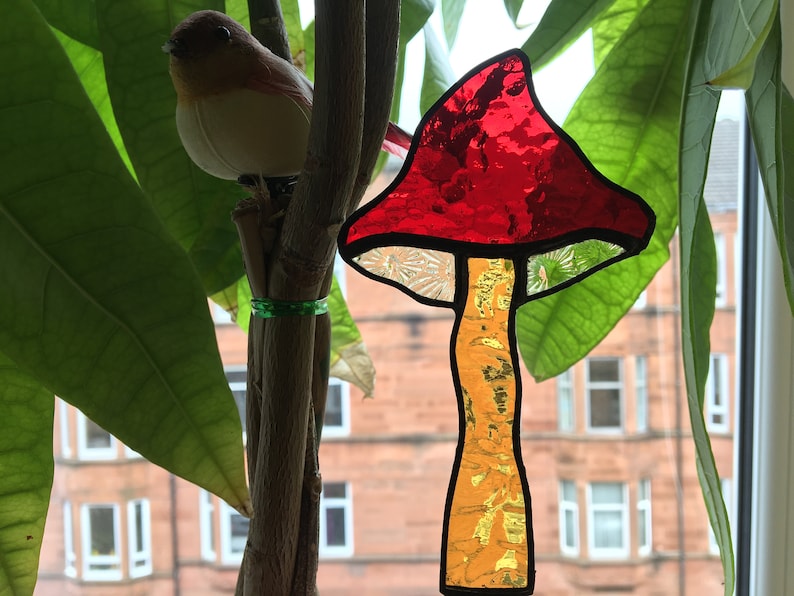 Mushroom Planter Pal stained glass plant stake or suncatcher image 4