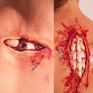May include: Two close-up images of realistic fake wounds. The first image shows a wound on the neck with a visible bone and blood. The second image shows a larger wound on the back with a visible bone and blood.