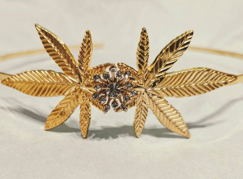 Golden pot leaf headband hair accessory with diamond cluster