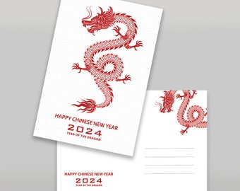 Year of the Dragon 2024 - Chinese New Year - Digital Download Postcard 4x6 Red and White Dragon