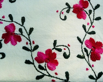 Vintage Embroidered Tablecloth. Handmade with Pink Flowers on Cream Background. Large Size.