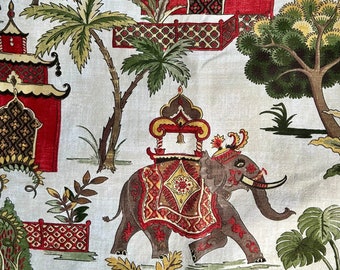 Covington Kumar Fabric. Pagoda, Indian Elephants and Tree Design. Printed Linen Blend.