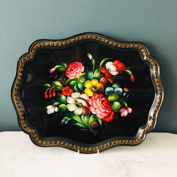 Vintage Tole Tray. Russian Soviet Era Hand Painted Floral Design. Decorative Tray.