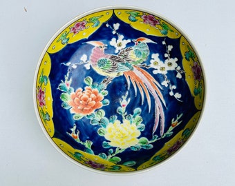 Antique Japan Yamatoku Bowl. Hand Painted Porcelain with Birds of Paradise, Blossom and Peonies.