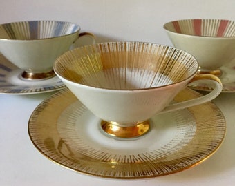 Vintage Tea Set Zeh Scherzer Bavaria.  Mid Century German design. Set of 6 Cups and Saucers.