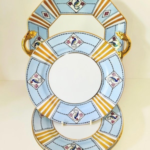 Art Deco Noritake Plates. Cake Plate and Four Side Plates. Hand Painted Pottery, Made in Japan.