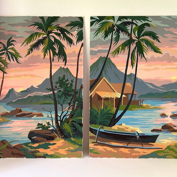 Vintage Tropical P.B.N.Paintings. Mid-Century Coastal Art. Paint By Number Art/Wall Decor.