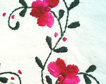 Vintage Embroidered Tablecloth. Handmade with Pink Flowers on Cream Background. Large Size.