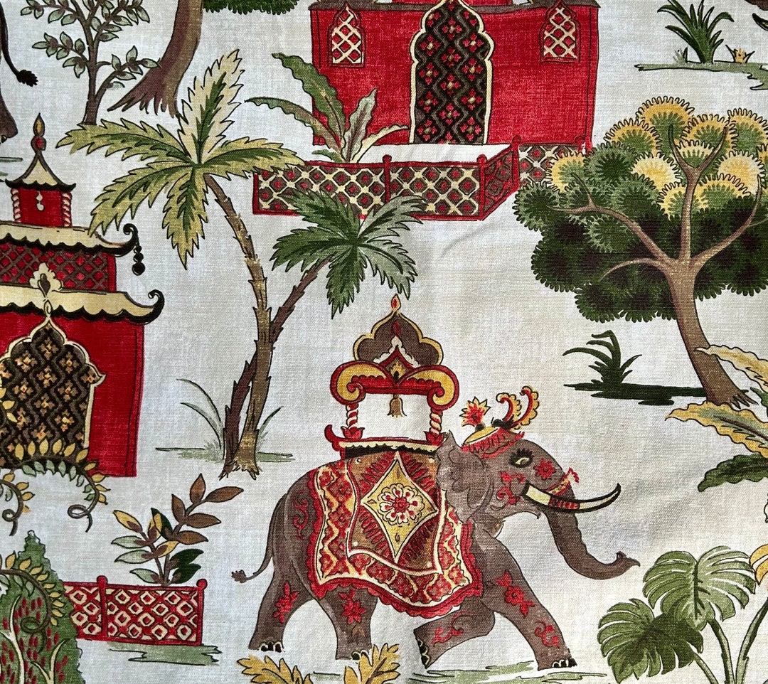 Tropical Fabric. Covington Kumar Fabric. Pagoda, Indian Elephants and ...