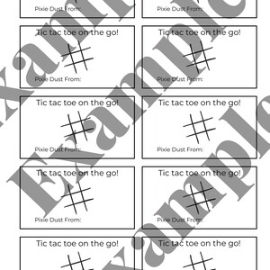 Könnte beinhalten: Ein Bogen weißer Karten mit dem Text "Tic tac toe on the go!" und "Pixie Dust From:" auf jeder Karte. Jede Karte zeigt ein Tic-Tac-Toe-Raster mit einem fertigen Spiel.