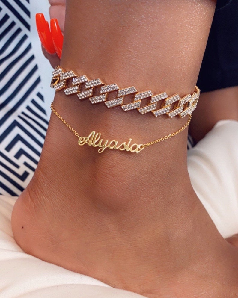 14k Gold Name Anklet Initial Anklet Nameplate Anklet Etsy