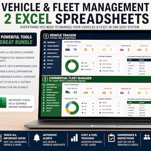 May include: A laptop screen displaying two Excel spreadsheets for vehicle and fleet management. The interface includes dashboards with charts, vehicle status summaries, and upcoming expiry tables for tracking maintenance, insurance, and service dates.