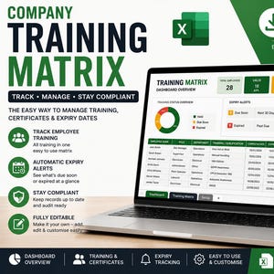 May include: A digital company training matrix spreadsheet template displayed on a laptop screen. The interface features a dashboard overview, employee training status, expiry alerts, and a data table with columns for name, role, and status.