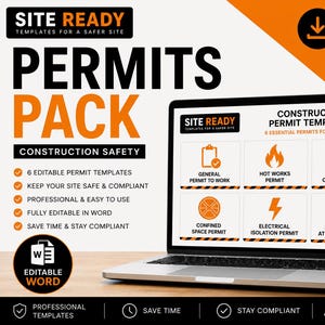 Puede incluir: Una pantalla de portátil muestra un paquete de permisos de construcción Site Ready con seis plantillas editables, incluyendo permisos para trabajos generales, en caliente, excavación, espacios confinados, eléctricos y en altura.