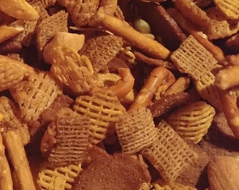 Chex mix. Homemade with nuts, Smokehouse steak flavor, party table snack food, Father's Day gift idea, gift idea for men, gift for teen.