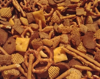 Chex Mix. Spicy hot snack food, Fresh made with nuts and cayenne.  Bar mix, gift idea for men, vacation snacks, party food, teen food gift.