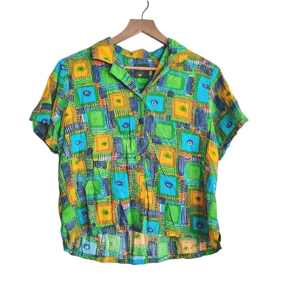 Vintage Jams World Blouse Womens Medium Made in Hawaii Tropical Abstract Camp Shirt Colorful Retro