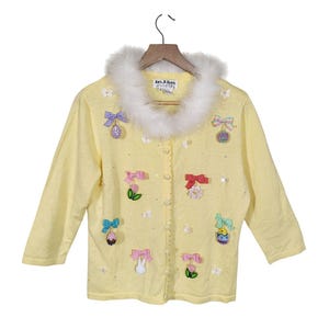 Jack B Quick Womens Sequined Easter Cardigan M Yellow Pastel Bunny Egg Dangle