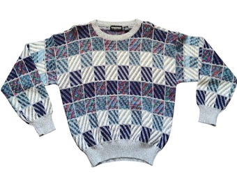 Mens 80s Geometric Patchwork Knit Sweater L Abstract Retro Pattern Grandpa