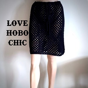 Walker Skirt - Crochet Granny Square Drawstring Skirt, 100% Cotton, Black