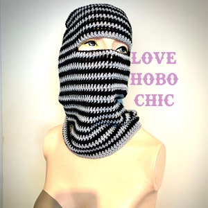 Fey - Crochet Stripe Balaclava, Hood, Ski Mask, Head Covering - 100% Cotton, Black & Silver
