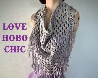 Tramp - Crochet Fringed Granny Stripe Pullover Scarf, 100% Cotton Dove Grey
