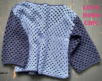 Keep the Change - Crochet Granny Square Two Tone Pullover, Cotton, Indigo & Stone Blue