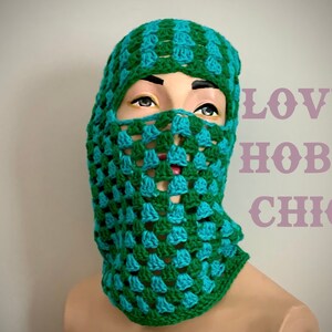 Fey - Crochet Granny Stripe Balaclava, Hood, Ski Mask, Head Covering - 100% Cotton, Green & Turquoise